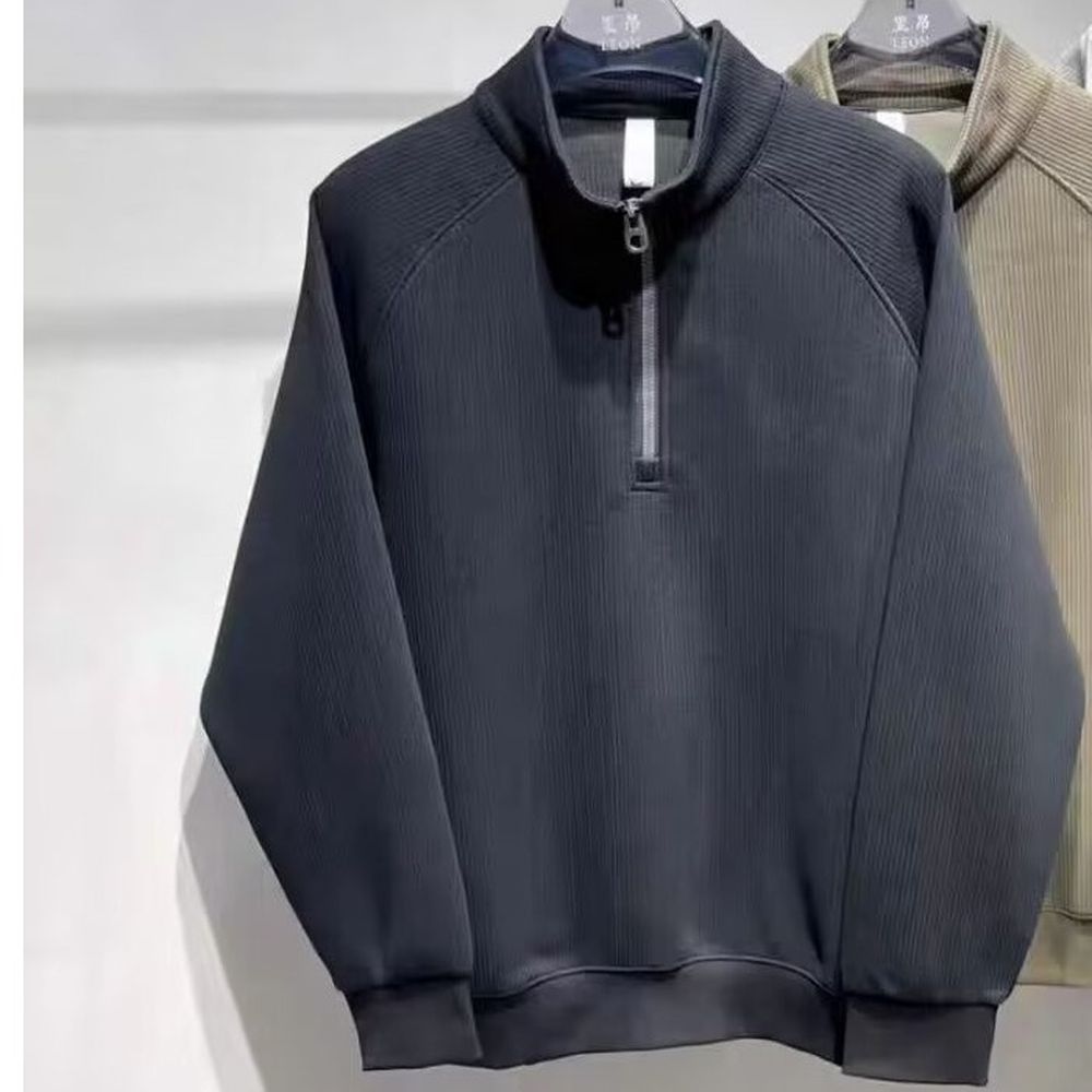 Loose-fitting Long-sleeved Half-zip Casual Sweatshirt for Men Solid Color Simple Stand Collar Top Hoodie