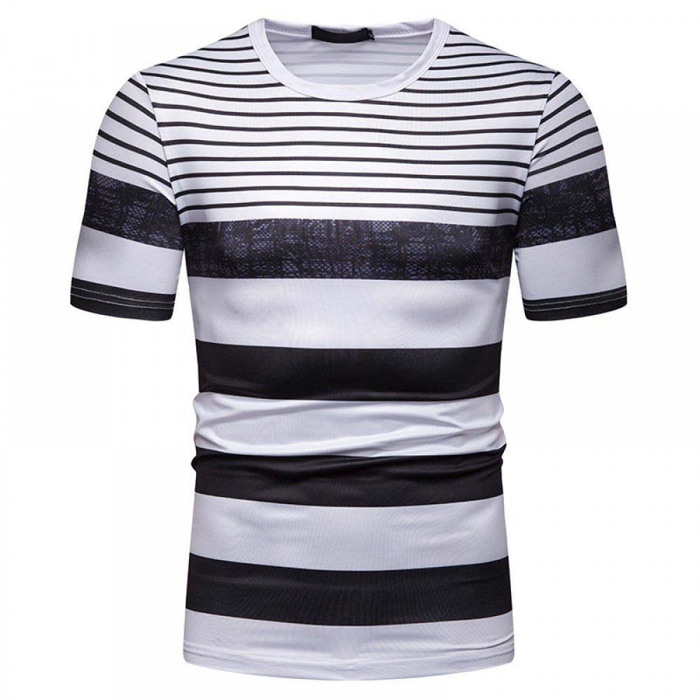 New Summer Men's Short-Sleeved T-Shirt Contrast Striped Slim Casual T-Shirt