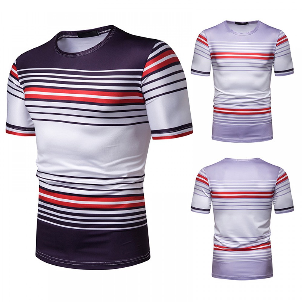 New Summer Men's Short-Sleeved T-Shirt Contrast Striped Slim Casual T-Shirt